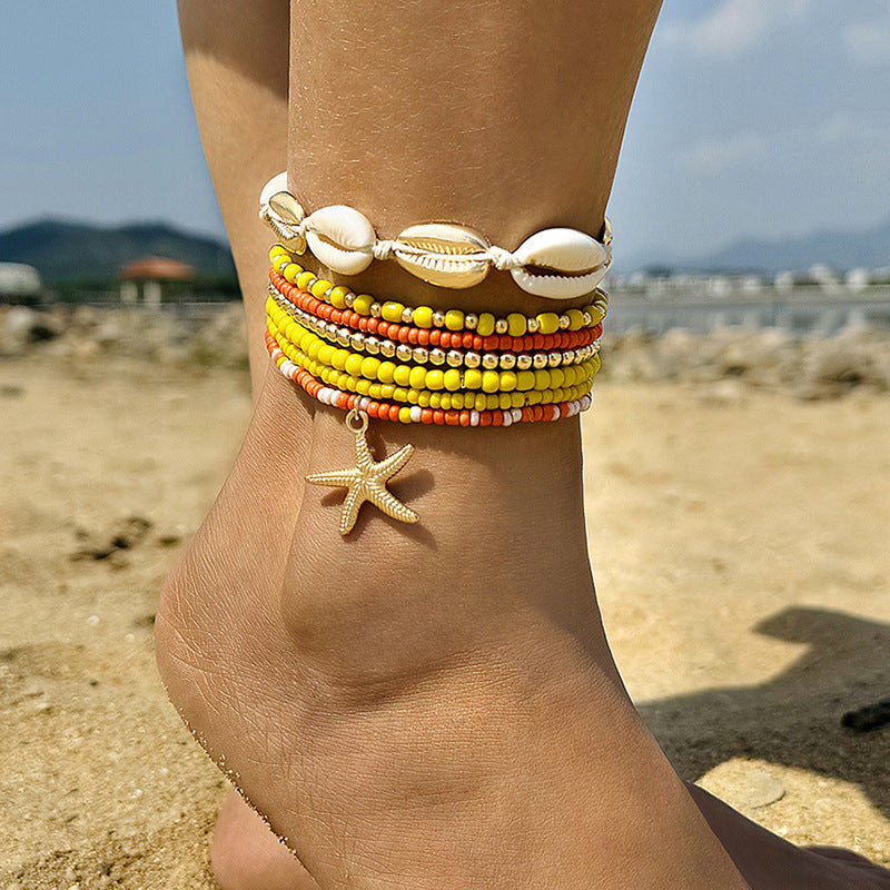 Bohemian Seashell Beaded Anklets Set With Starfish Elements