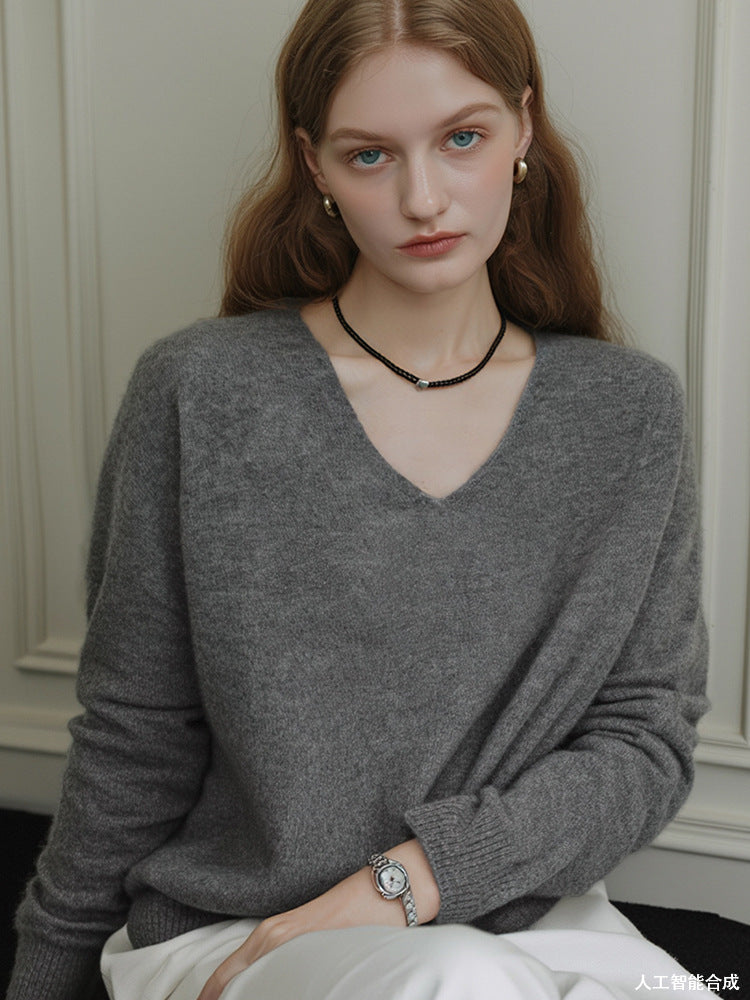 V-Neck Cashmere Blend Long Sleeve T-Shirt Elegant Casual Top