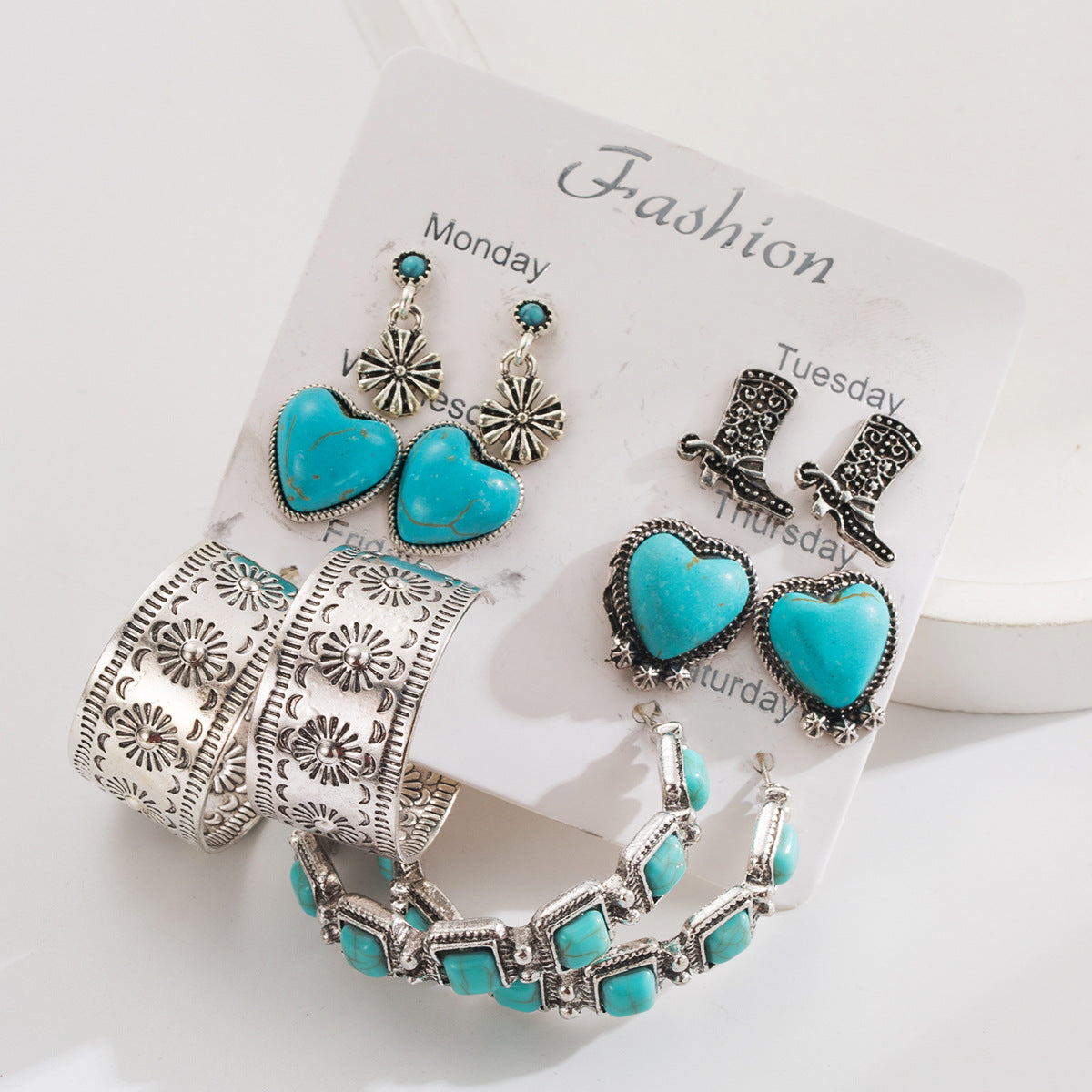 Vintage Heart-Shaped Turquoise Earrings Set, Retro Style