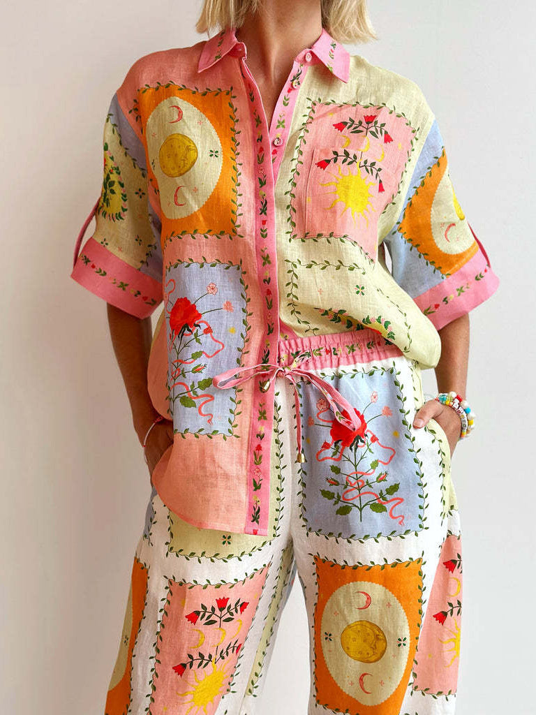 Chic Floral Linen Cardigan and Pants Set