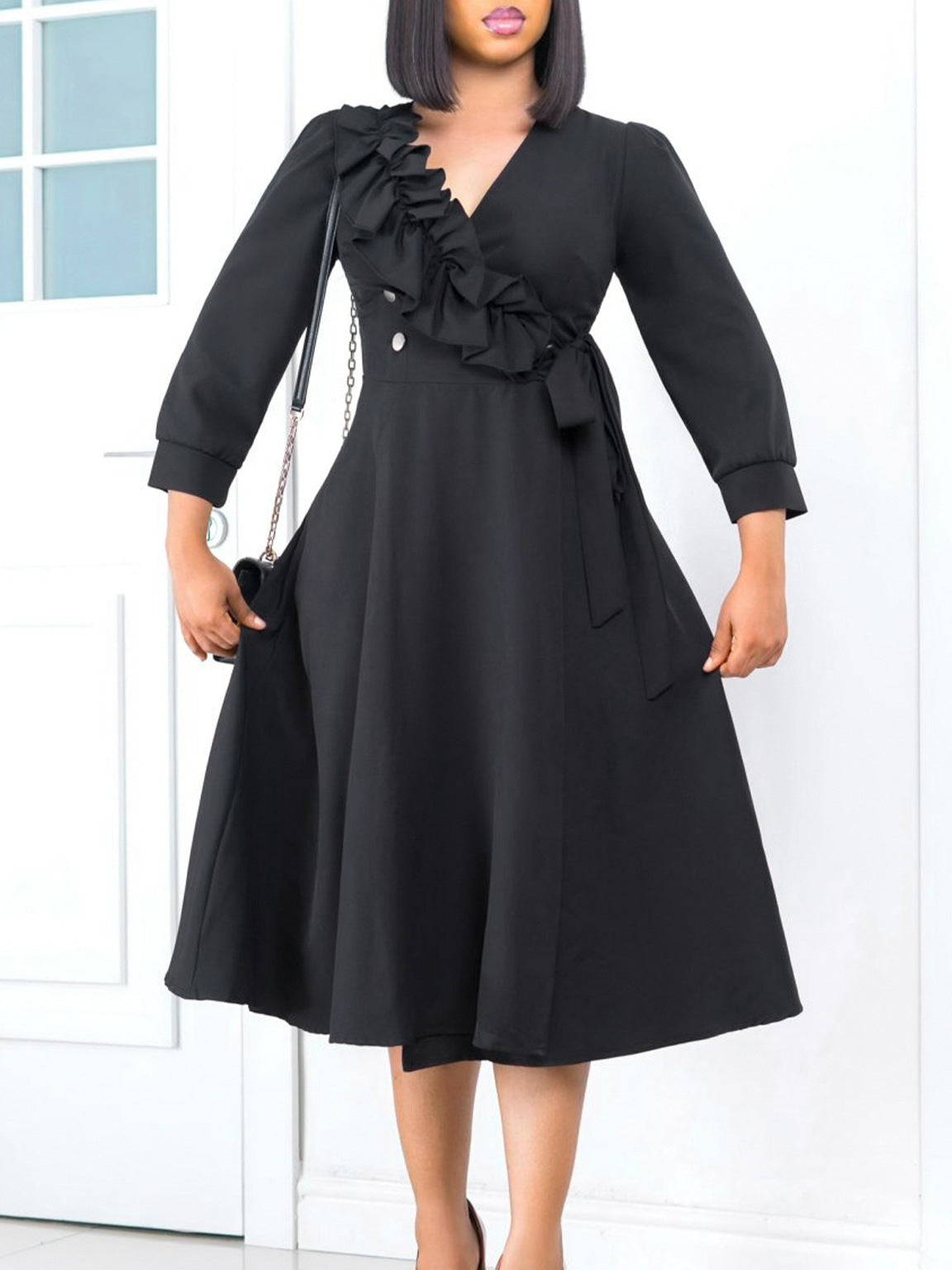 V-Neck Pleated High Waist A-Line Dress