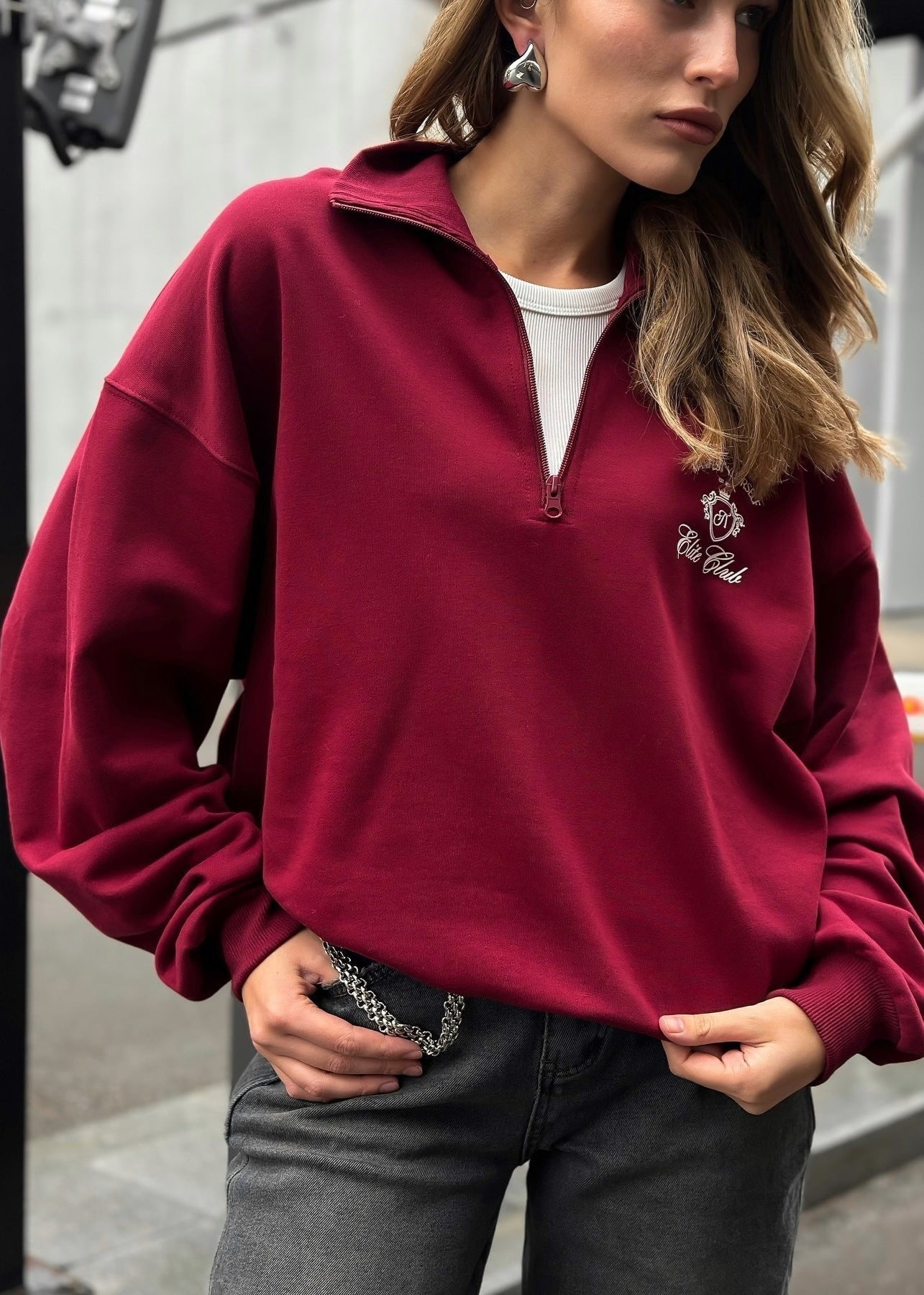 Half Zip Fleece Pullover Soft Fabric Burgundy