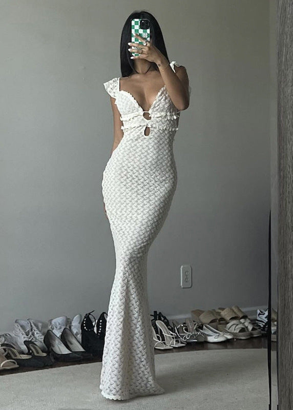 Crochet Lace Cutout Maxi Dress White Stretch Blend