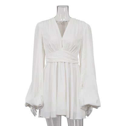 French Puff Sleeve V-Neck Mini Dress