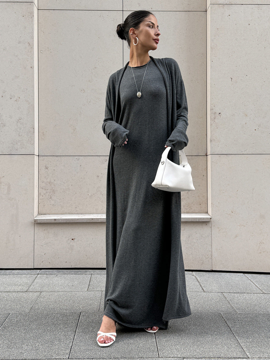 Knitted Long Sleeve Cardigan And Camisole Dress Set Soft Casual Ensemble