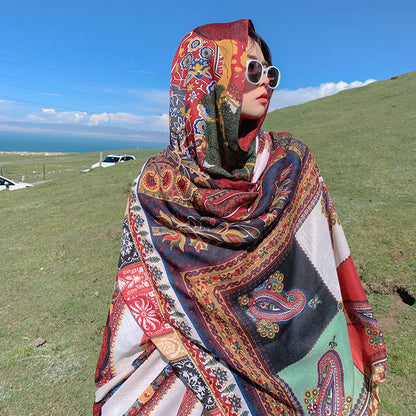 Retro Ethnic Style Scarf Grassland Sunscreen Shawl Women'S Summer Thin Scarf Beach Scarf