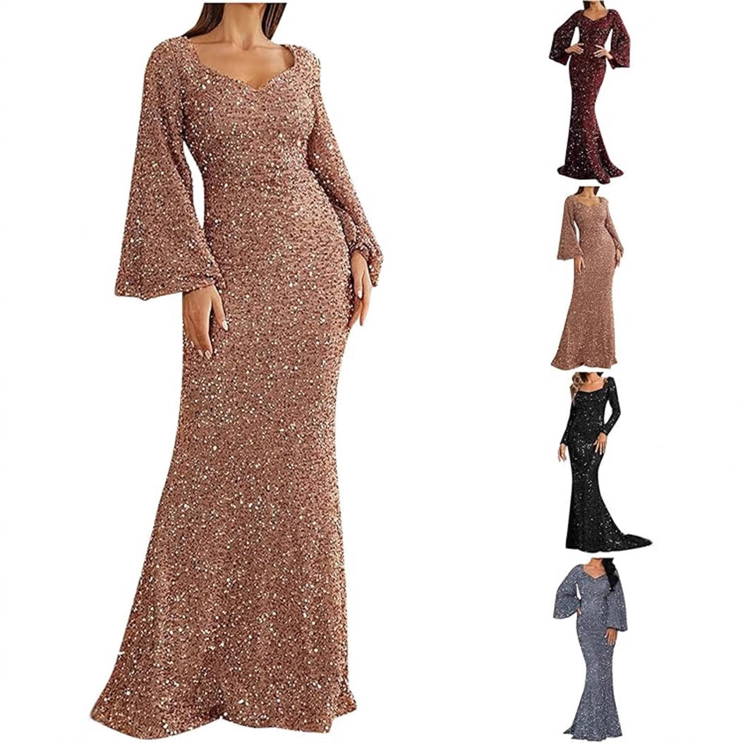 Stylish V-Neck Sequin Midi Dress with Bell Sleeves