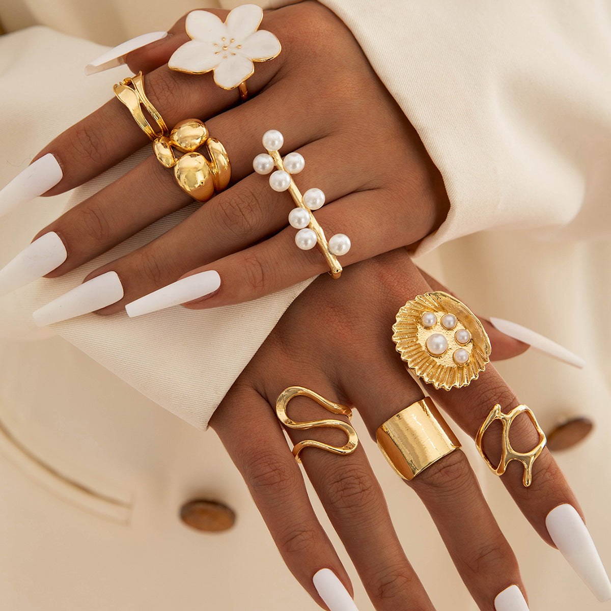 Irregular Pearl Ring Set Trendy Gold Retro Geometric Statement Rings