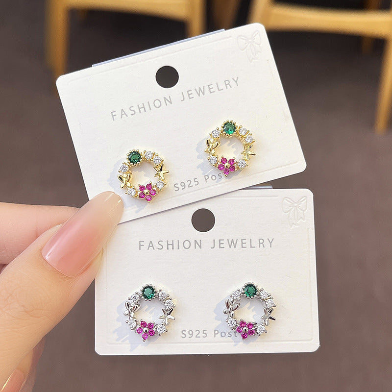 Cute Wreath Bow Rhinestone Stud Earrings