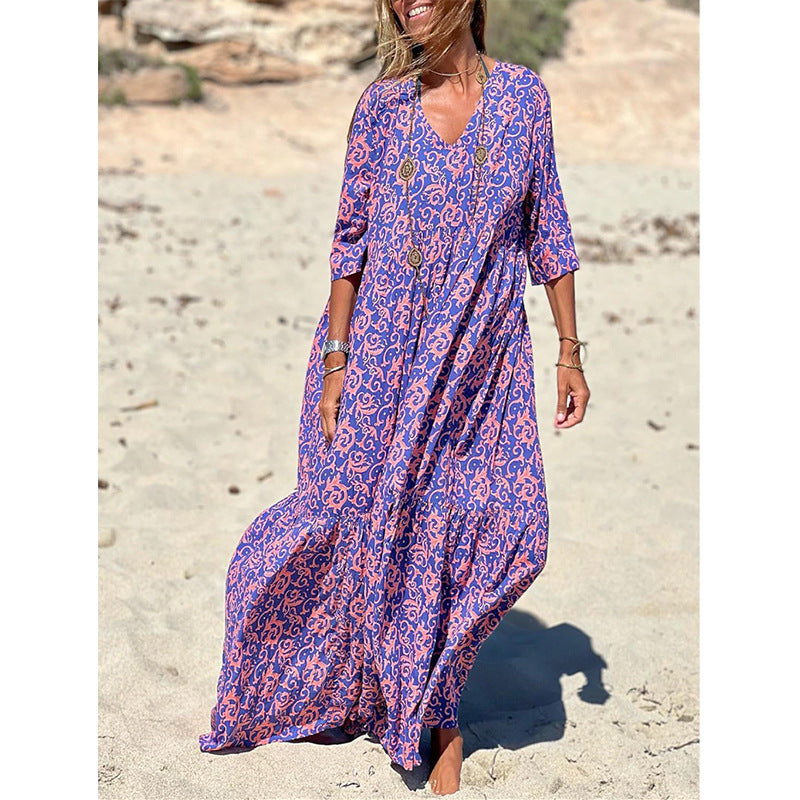 Early Autumn New Fashion V-Neck Print Casual Beach Swing Dress