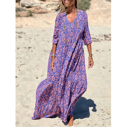 Early Autumn New Fashion V-Neck Print Casual Beach Swing Dress