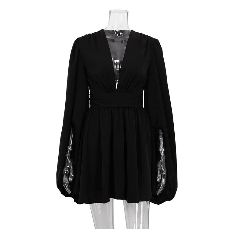 French Puff Sleeve V-Neck Mini Dress