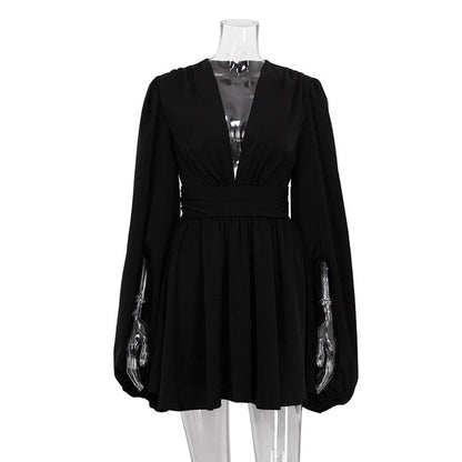 French Puff Sleeve V-Neck Mini Dress