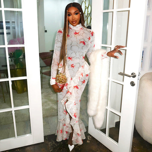 Floral Print Long Sleeve Bodycon Dress With Ruffle Hem