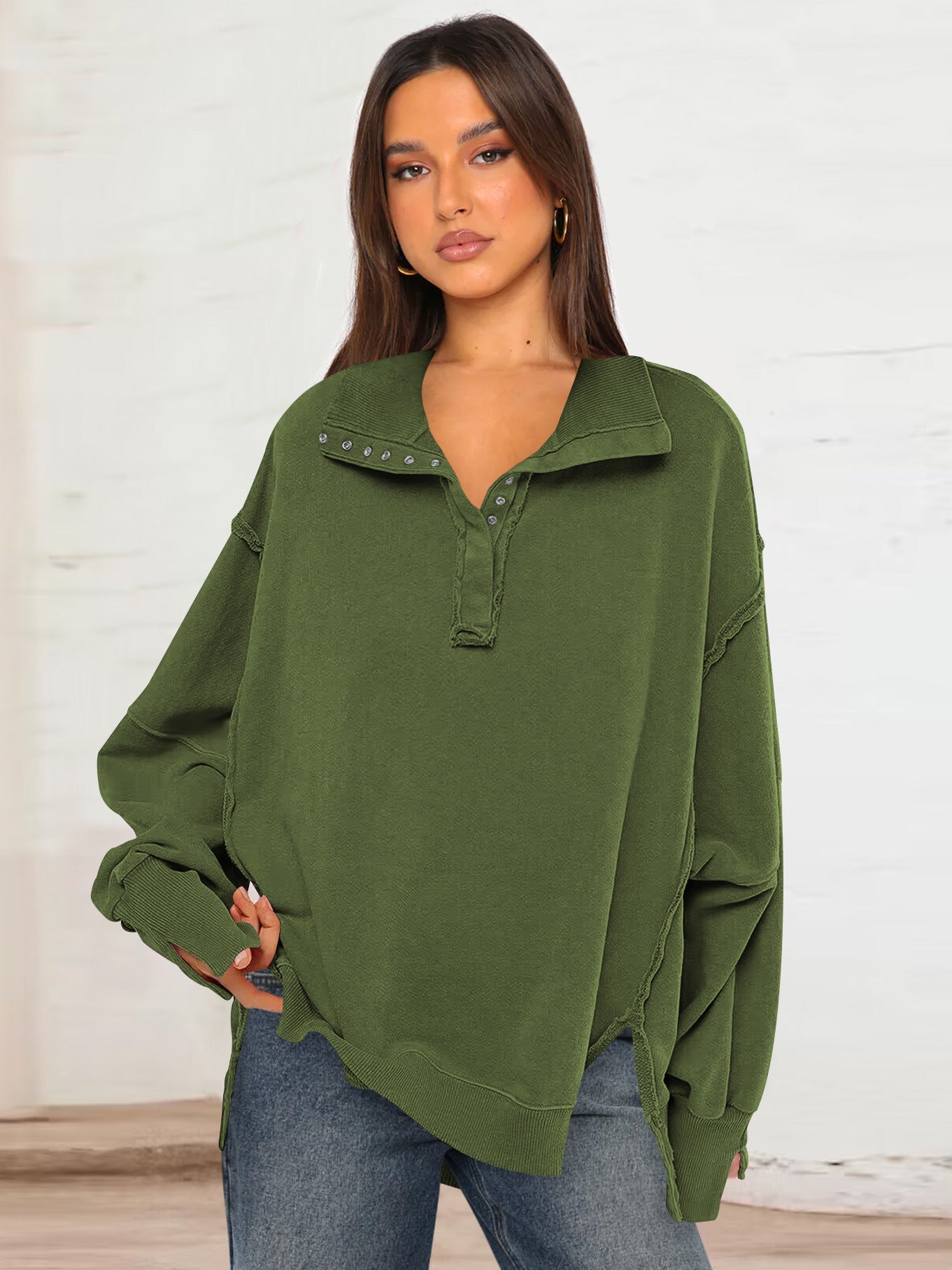 Trendy Casual Polo Neck Sweatshirt with Lantern Sleeves