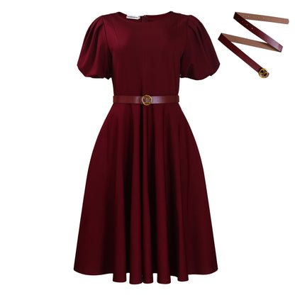 Elegant High-Waist A-Line Dress With Puff Sleeves