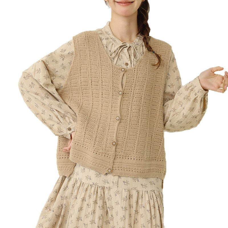 Casual Vintage Round Neck Knitted Vest with Crochet Details