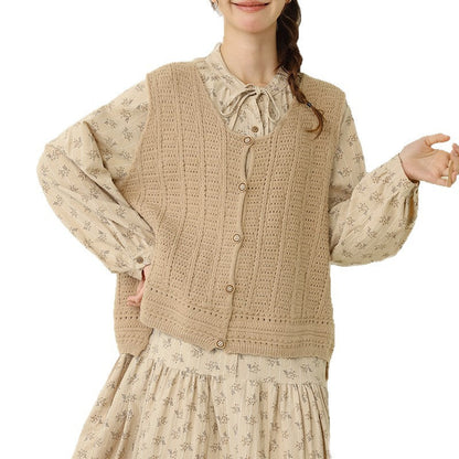 Casual Vintage Round Neck Knitted Vest with Crochet Details