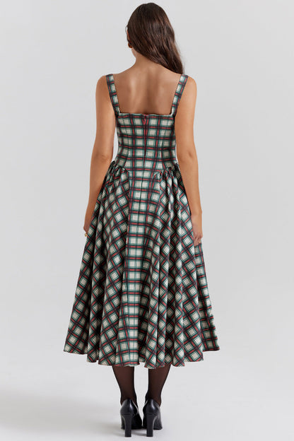 Vintage Plaid Pleated Spaghetti Dress