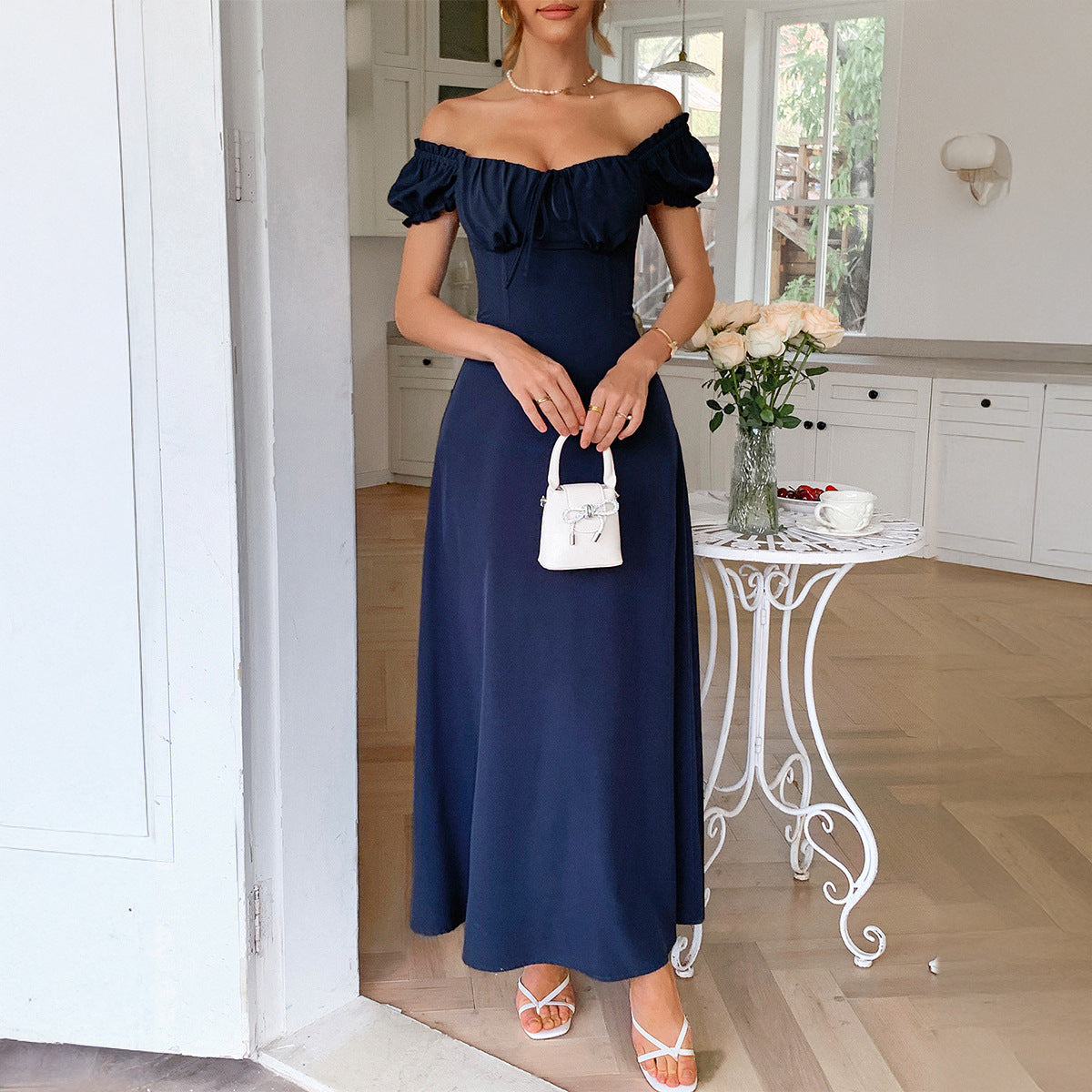 Elegant One-Shoulder Long Dress with Short Sleeves