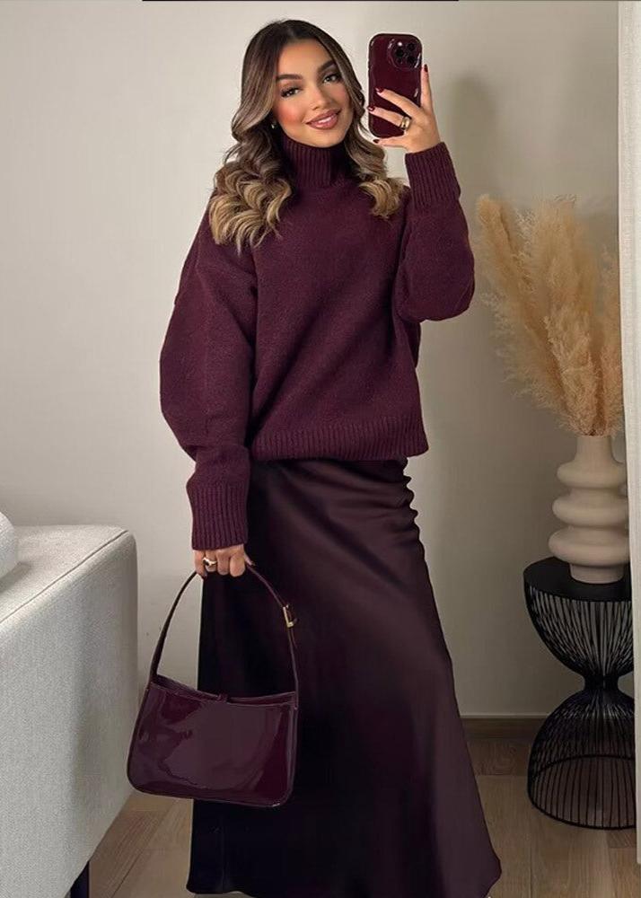 Plush Knit Turtleneck Sweater Burgundy Cozy Style