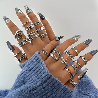 Vintage Geometric Ring Set With Black Stone