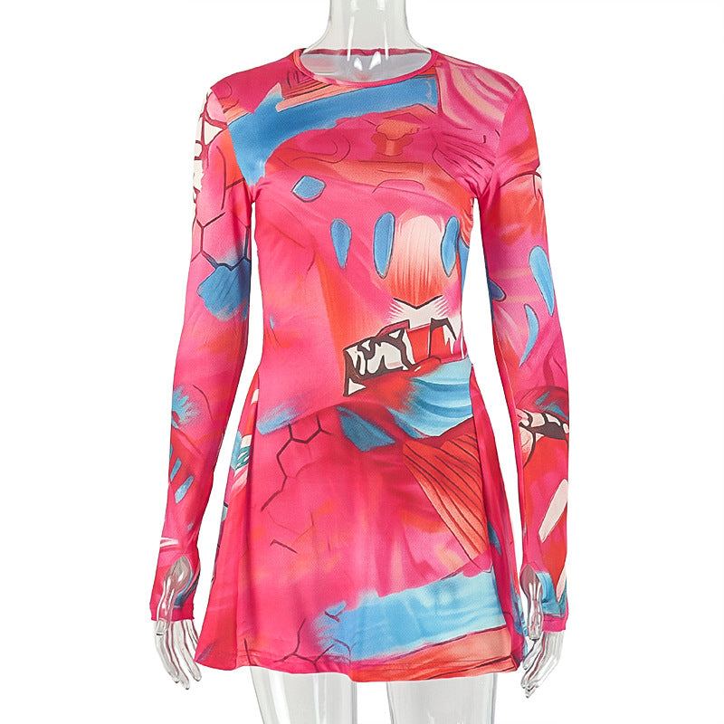 Color Block A-Line Dress Long Sleeve Casual Fashion