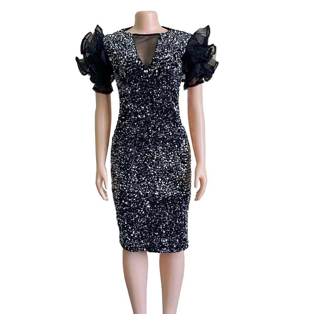 New Velvet Sequin Mesh Stitching Package Hip Dress Skirt Dress