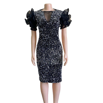 New Velvet Sequin Mesh Stitching Package Hip Dress Skirt Dress