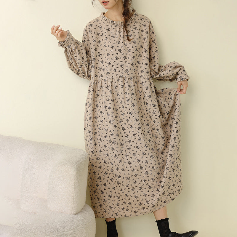 Floral Print Long Sleeve Cotton Dress Casual A-Line Dress