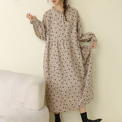 Floral Print Long Sleeve Cotton Dress Casual A-Line Dress