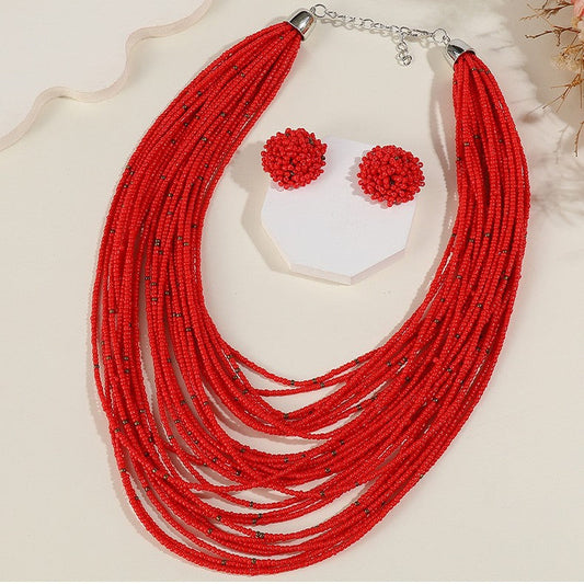 Bohemian Layered Bead Necklace and Earring Set Vintage Style Women's Jewelry