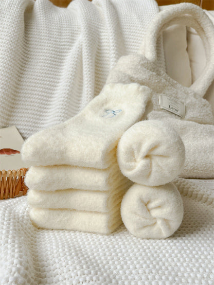 Winter Plush Solid Color Bow Embroidery Crew Socks