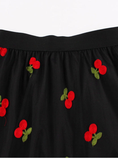 Plus Size High Waist A-Line Skirt with Cherry Embroidery
