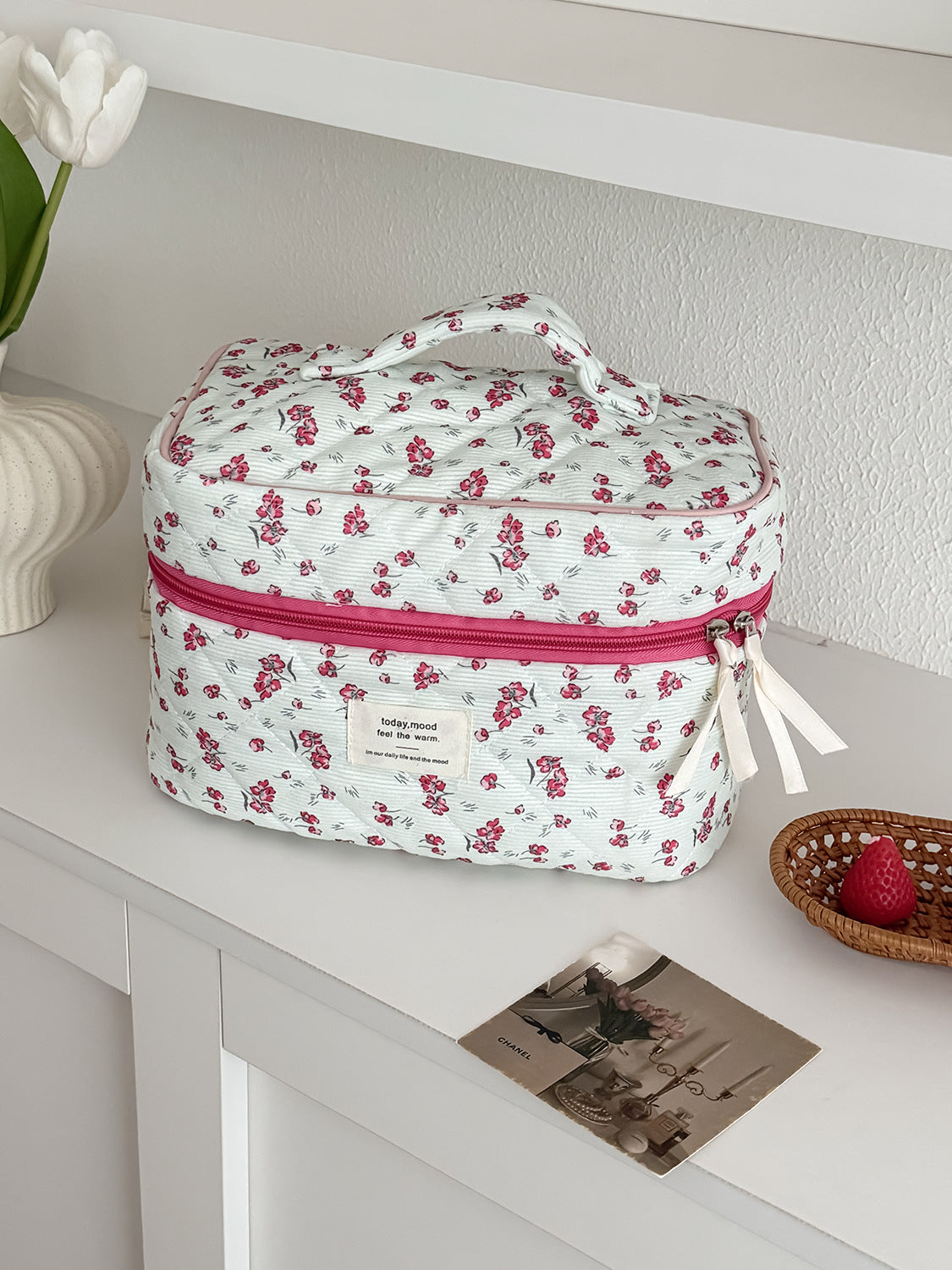 Floral Corduroy Makeup Bag Stylish Portable Toiletry Pouch