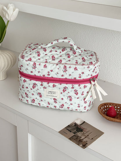 Floral Corduroy Makeup Bag Stylish Portable Toiletry Pouch