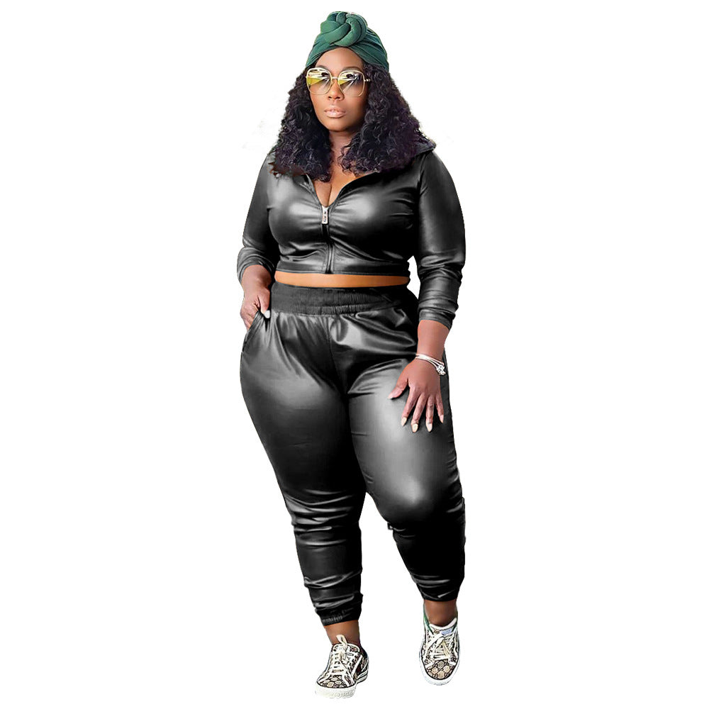 Plus Size Women'S Fashion Casual Two-Piece Pu Leather Set
