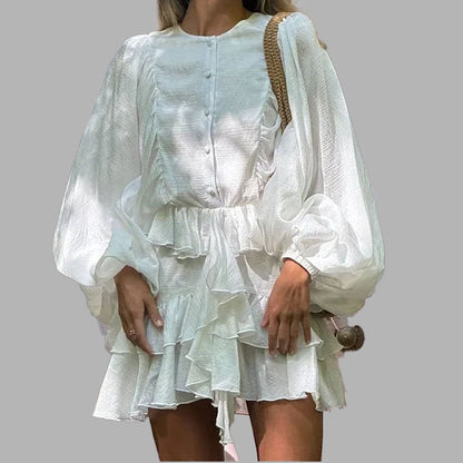 French High Waist Puff Sleeve Ruffled Mini Dress