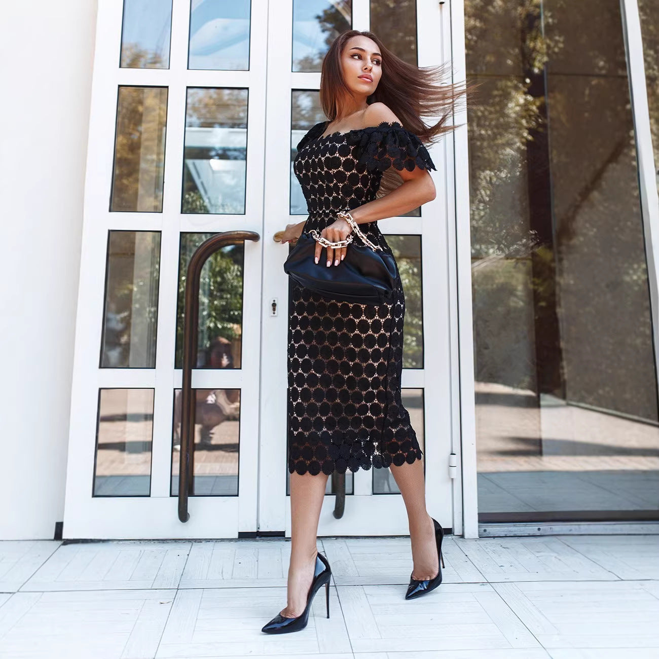 Fashionable Lace Elegant Midi Dress Pink