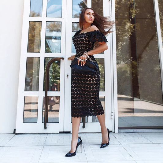 Fashionable Lace Elegant Midi Dress Pink
