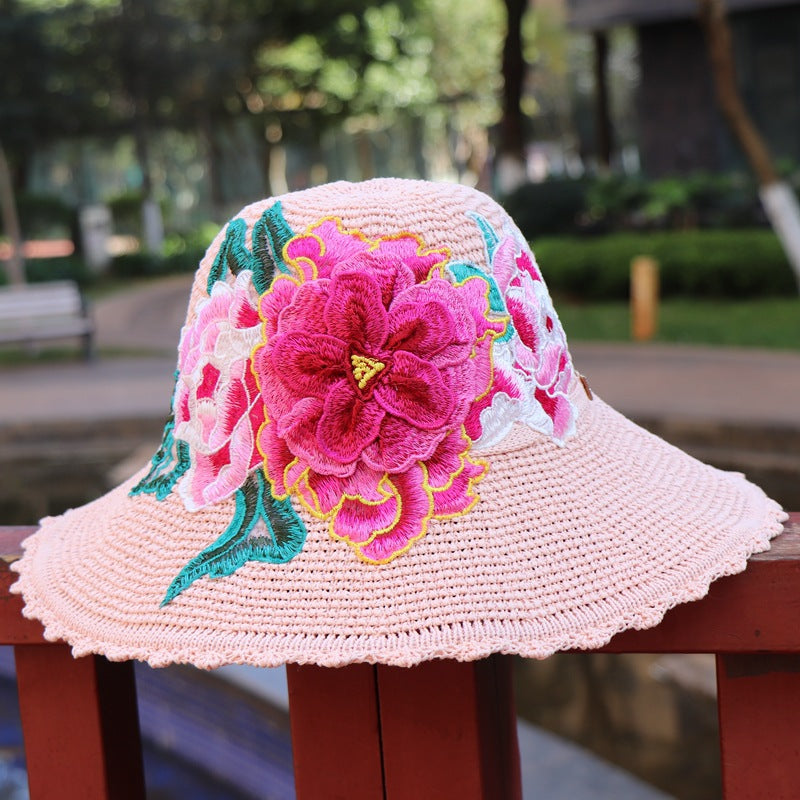 New Ethnic Style Embroidery Big Brim Hat Sun Visor Hat 3D Flower Hat Women'S Embroidery Hat