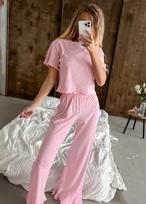 Polka Dot Cotton Lounge Set with Ruffle Hem