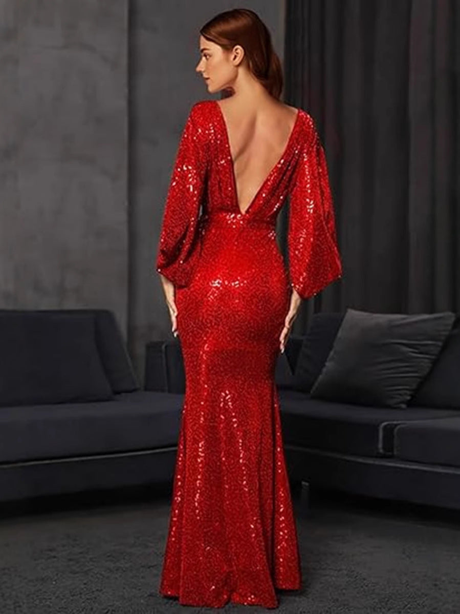 Elegant V-Neck Sequin Maxi Dress With High Split