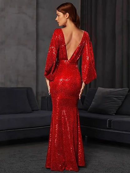 Elegant V-Neck Sequin Maxi Dress With High Split