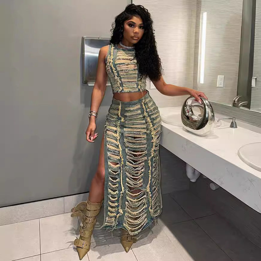 Trendy 3D Patterned Denim Vest And Skirt Set