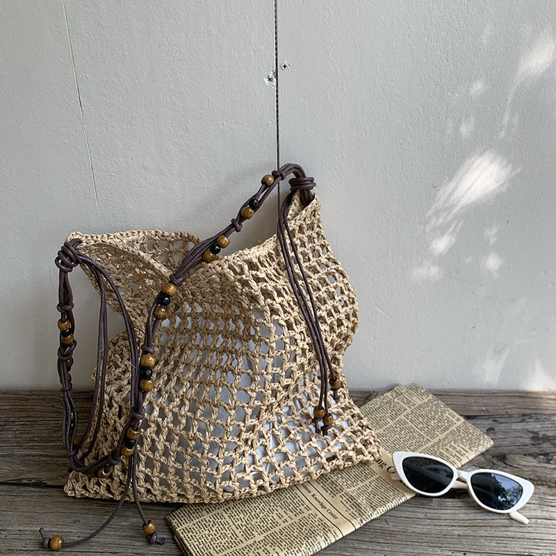 Woven Tote Bag with Beads Large Capacity Shoulder Bag for Everyday Use