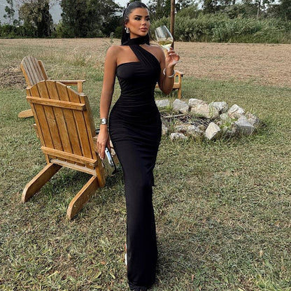 Chic Solid Color Halter Neck Dress With Backless Design