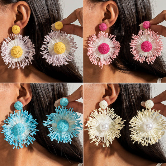 Handmade Woven Raffia Vacation Earrings Floral Design