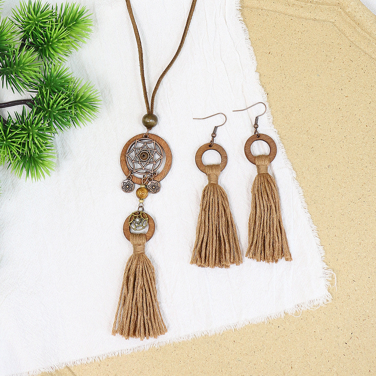 Bohemian Dreamcatcher Tassel Earrings and Wooden Necklace Set