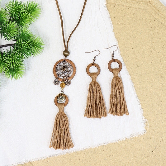 Bohemian Dreamcatcher Tassel Earrings and Wooden Necklace Set